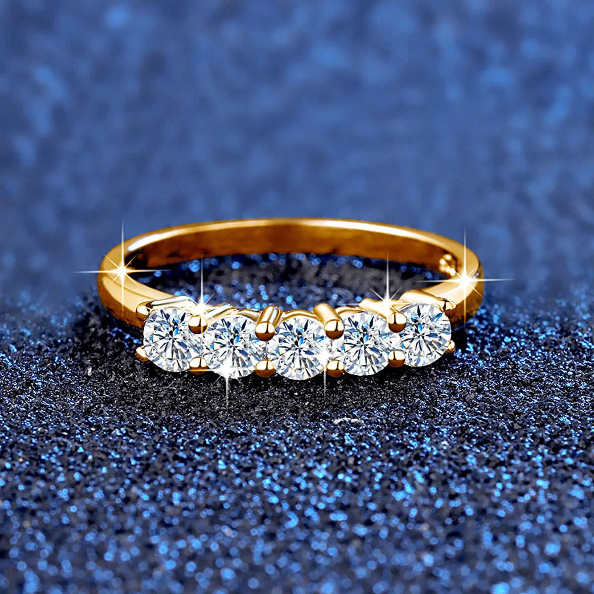 18k gold moissanite ring 5 stone close-up sparkle